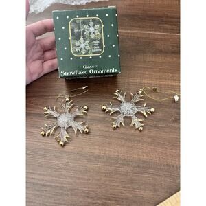 Giftco Inc Vintage Christmas Ornaments Glass Snowflake Gold Glitter Trim - Pair